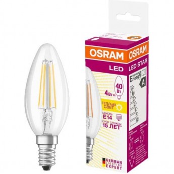 Лампа светодиодная филаментная LED OSRAM STAR CLASSIC B 40 4W/827 2700К E14 470лм 220-240В Лампа светодиодная филаментная LED OSRAM STAR CLASSIC B 40 4W/827 2700К E14 470лм 220-240В