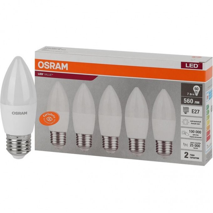 Лампа светодиодная LED OSRAM VALUE LVCLB60 7SW/840 7Вт E27 230В 2х5 RU (уп.5шт) 4058075578043