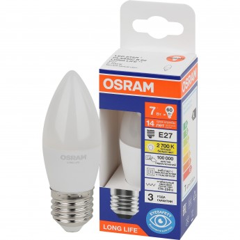 Лампа светодиодная OSRAM LED 7Вт Е27 2700К 600Лм свеча 220В Лампа светодиодная OSRAM LED 7Вт Е27 2700К 600Лм свеча 220В