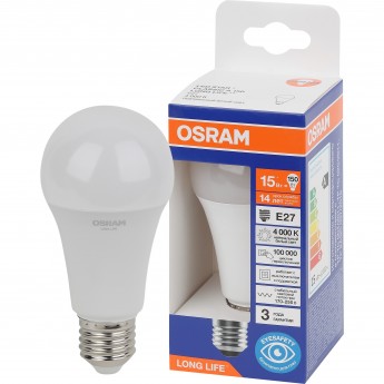 Лампа светодиодная OSRAM LONG LIFE LED 15Вт Е27 4000К 1521Лм груша 220В (замена 150Вт) Лампа светодиодная OSRAM LONG LIFE LED 15Вт Е27 4000К 1521Лм груша 220В (замена 150Вт)
