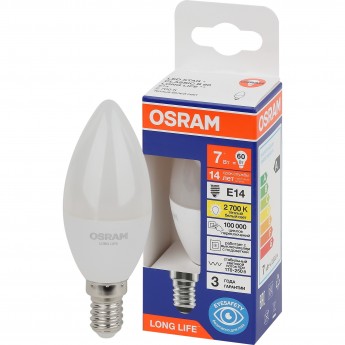 Лампа светодиодная OSRAM LONG LIFE LED 7Вт Е14 2700К 600Лм свеча 220В (замена 60Вт) Лампа светодиодная OSRAM LONG LIFE LED 7Вт Е14 2700К 600Лм свеча 220В (замена 60Вт)